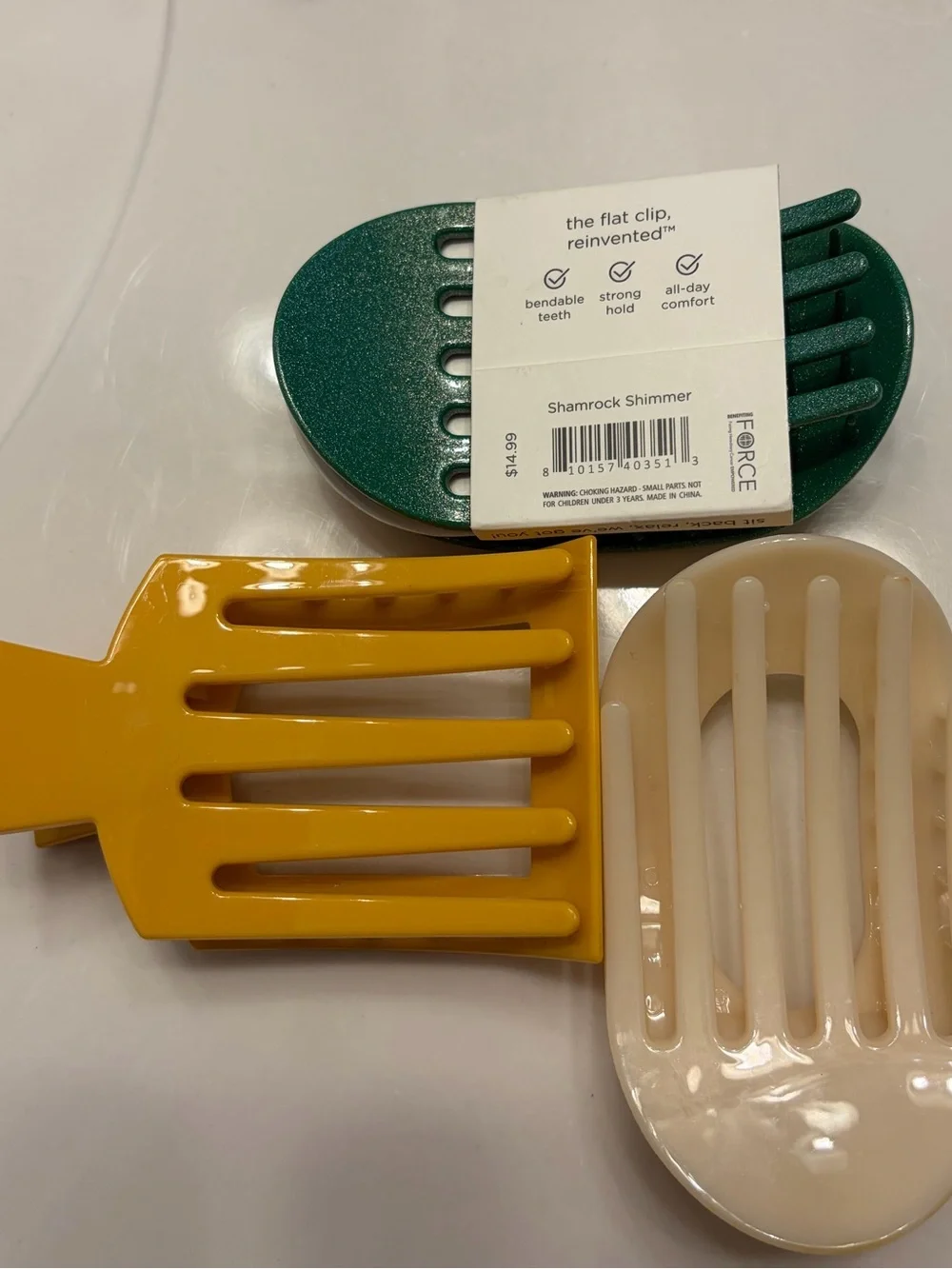 Teleties Hair Clip Trio — Green, Mustard, Cream Size Large